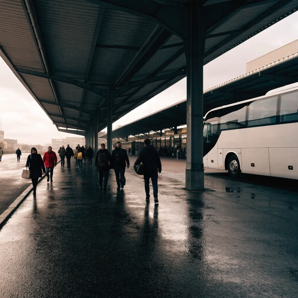 Eye-level view of a Prague coach and bus terminal forecourt on an overcast afternoon, unbranded coach at a stand, travellers walking with bags