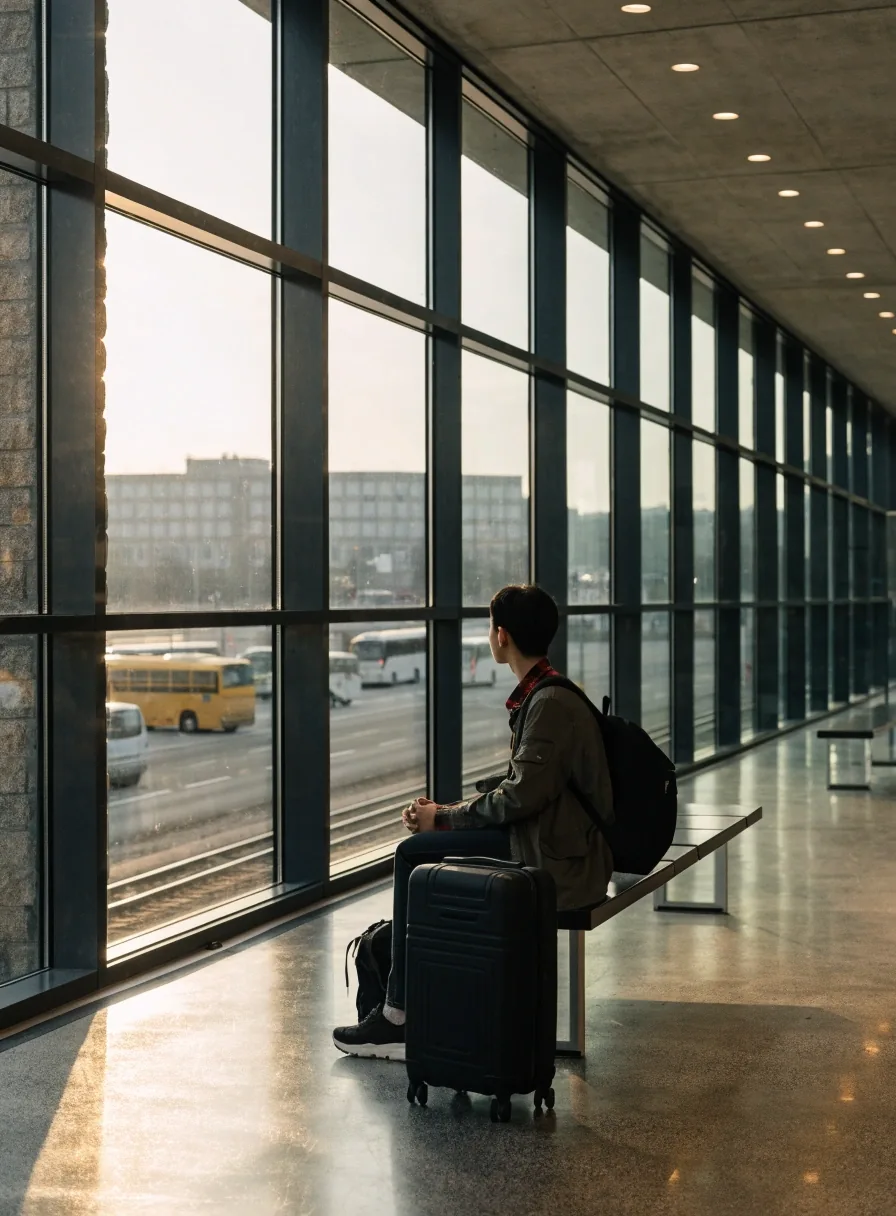 Airport terminal interior near Prague with a traveller and a rolling suitcase, coach apron and rail track outside the window wall