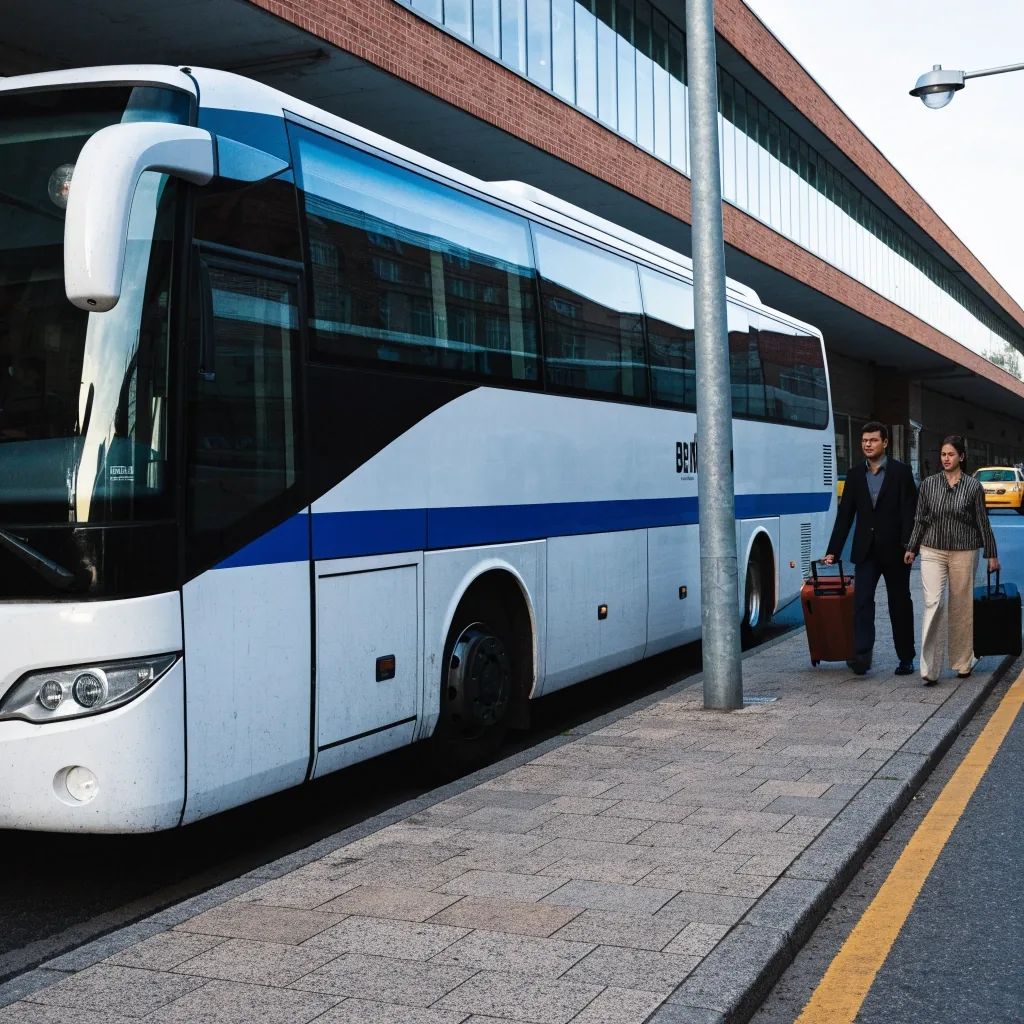 Street level outside a Czech bus station in the afternoon with a coach at its stand and a railway station beside it