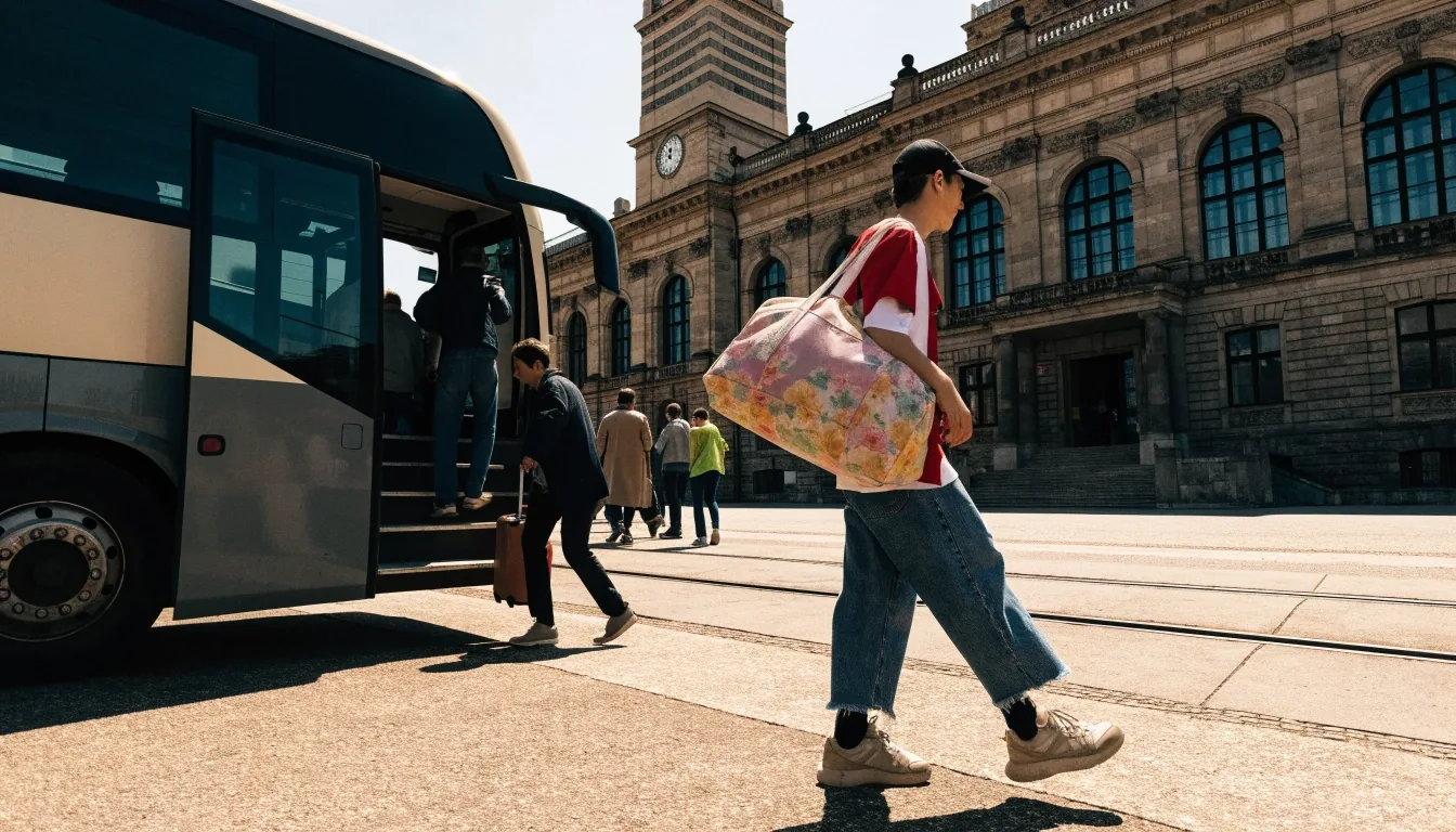 Coach at a Czech regional bus station forecourt with passengers waiting at the platform edge