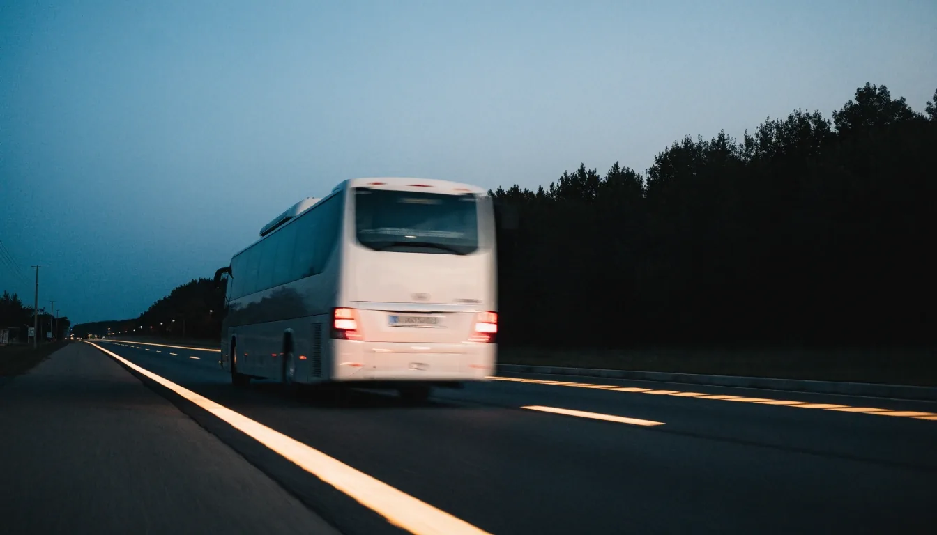 Coach on a Czech motorway at dusk seen from a low roadside angle
