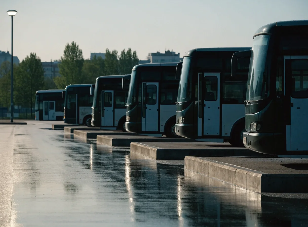 Intercity coaches parked along a concrete terminal apron in cool morning light