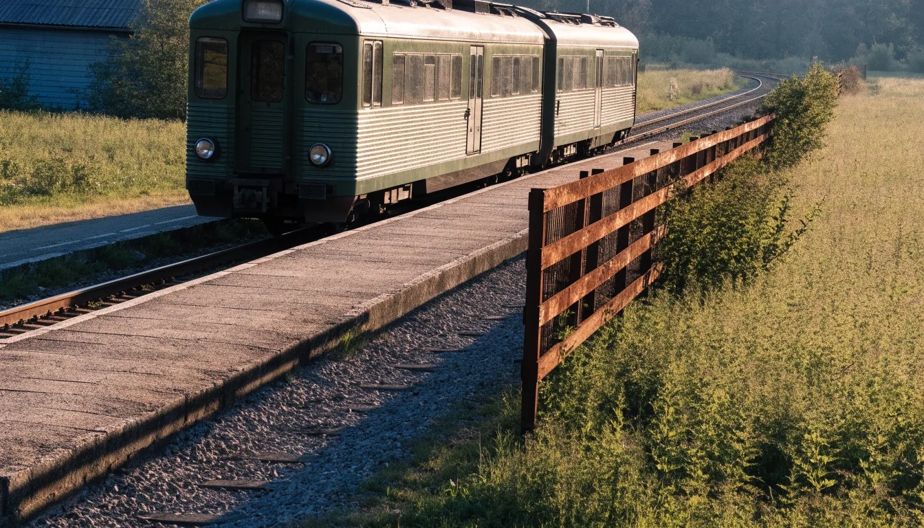 Regional single-carriage train standing at a small countryside halt in soft morning light