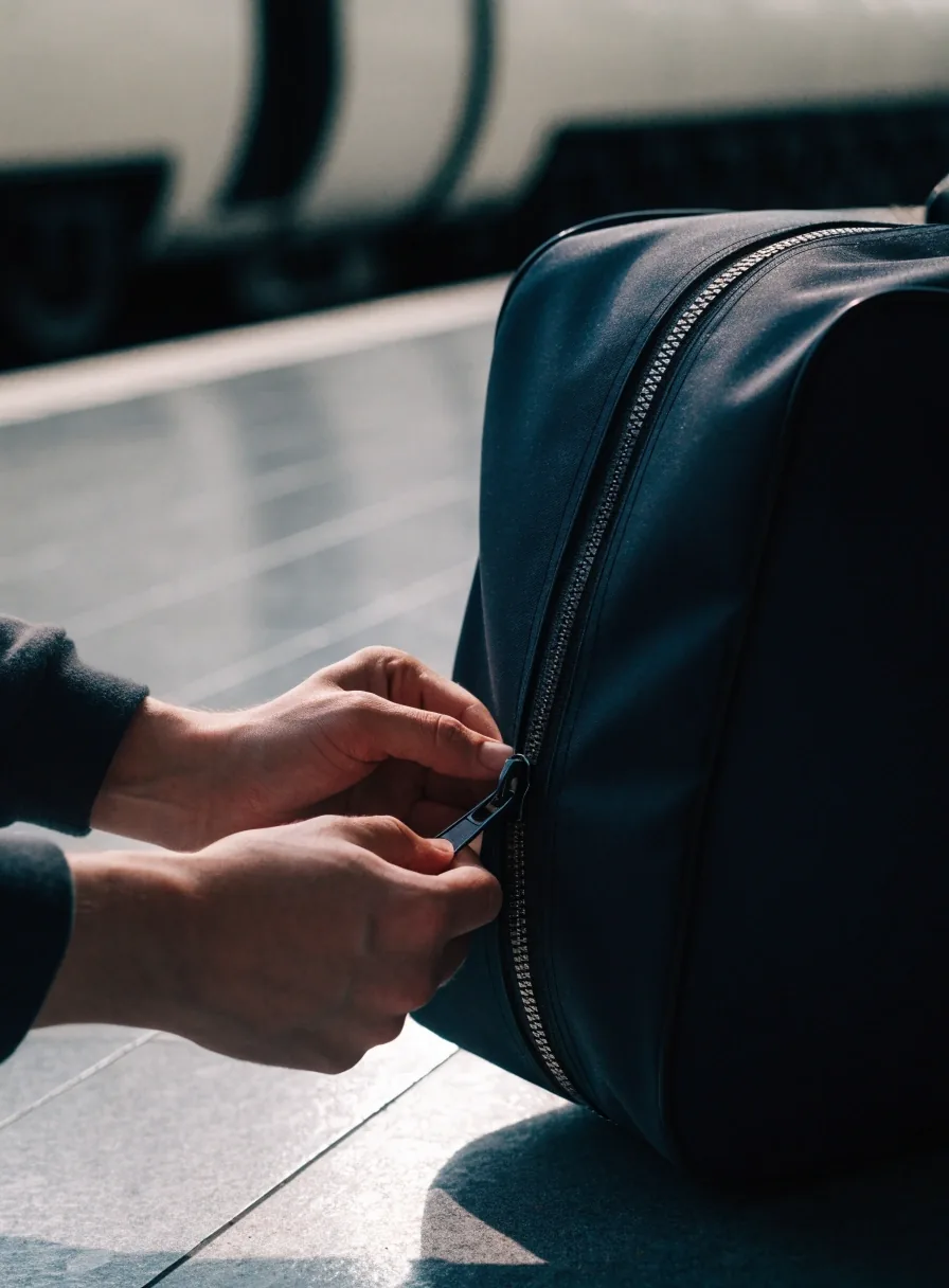 Hands zipping a travel bag at slab level with a coach door seam soft in the background