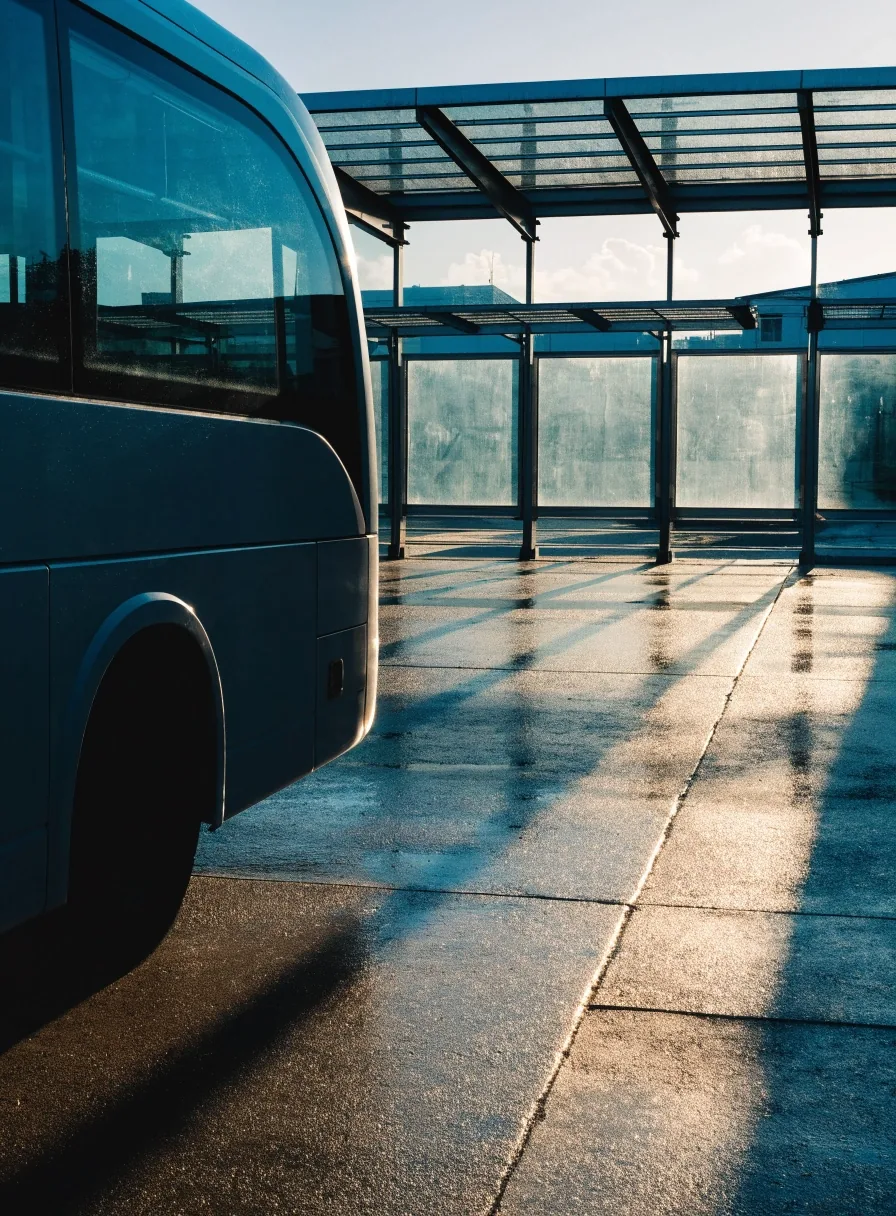 Eye-level bus terminal departure apron in cold morning light with a coach flank at the left