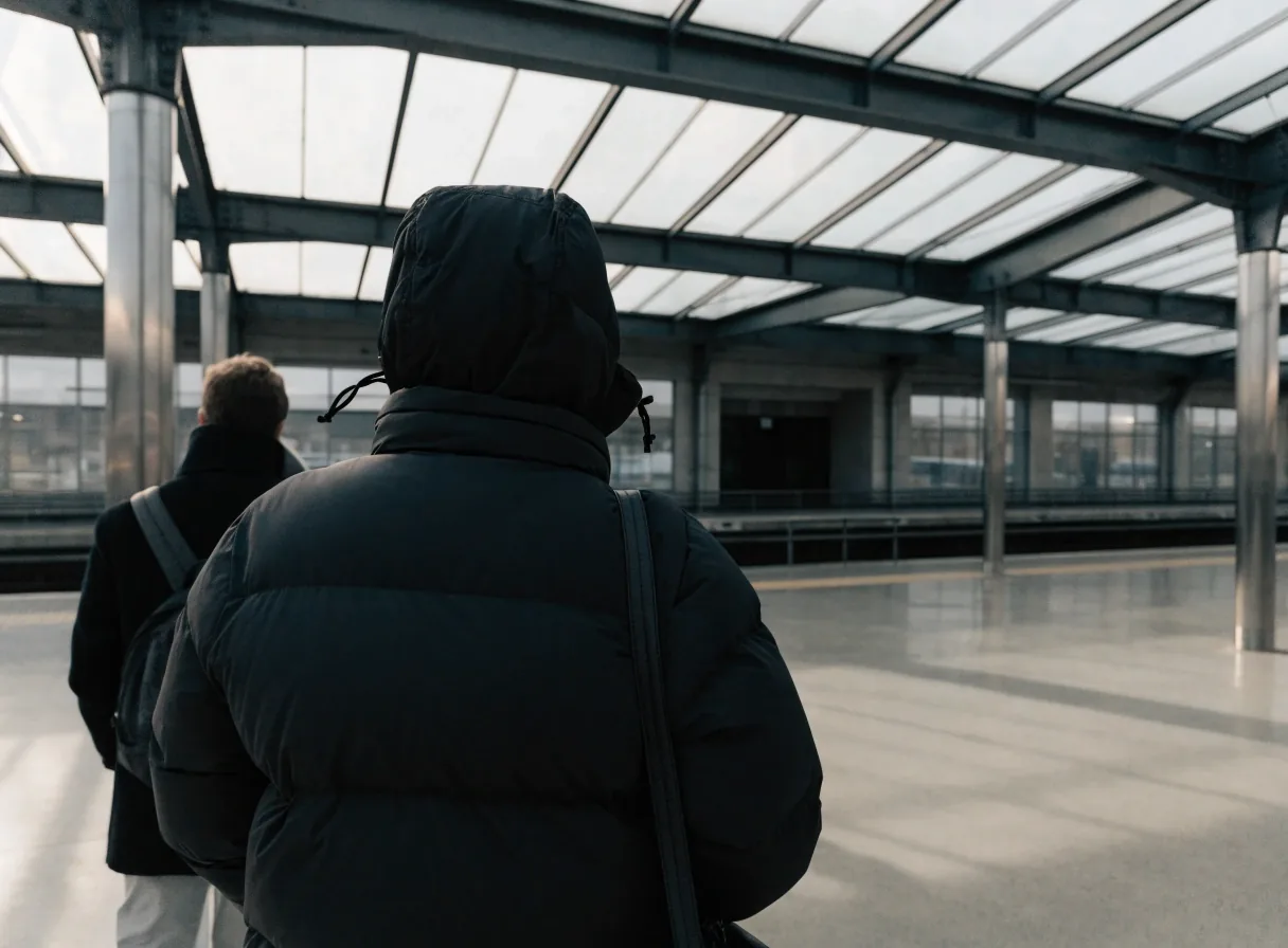 Two travellers seen from behind at the cold edge of a regional station concourse under a glass canopy