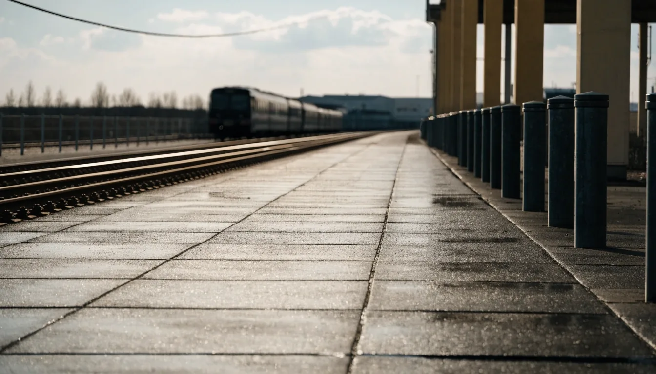 eye-level platform edge at a Czech border transfer point with rail track on one side and a coach apron on the other