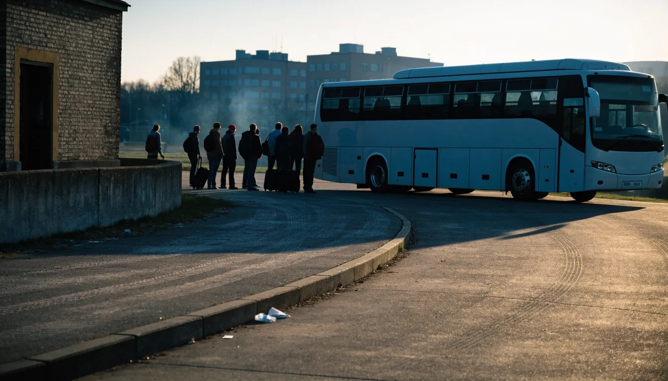 ground-level Czech bus terminal apron with an unbranded coach and passengers waiting in cold morning light