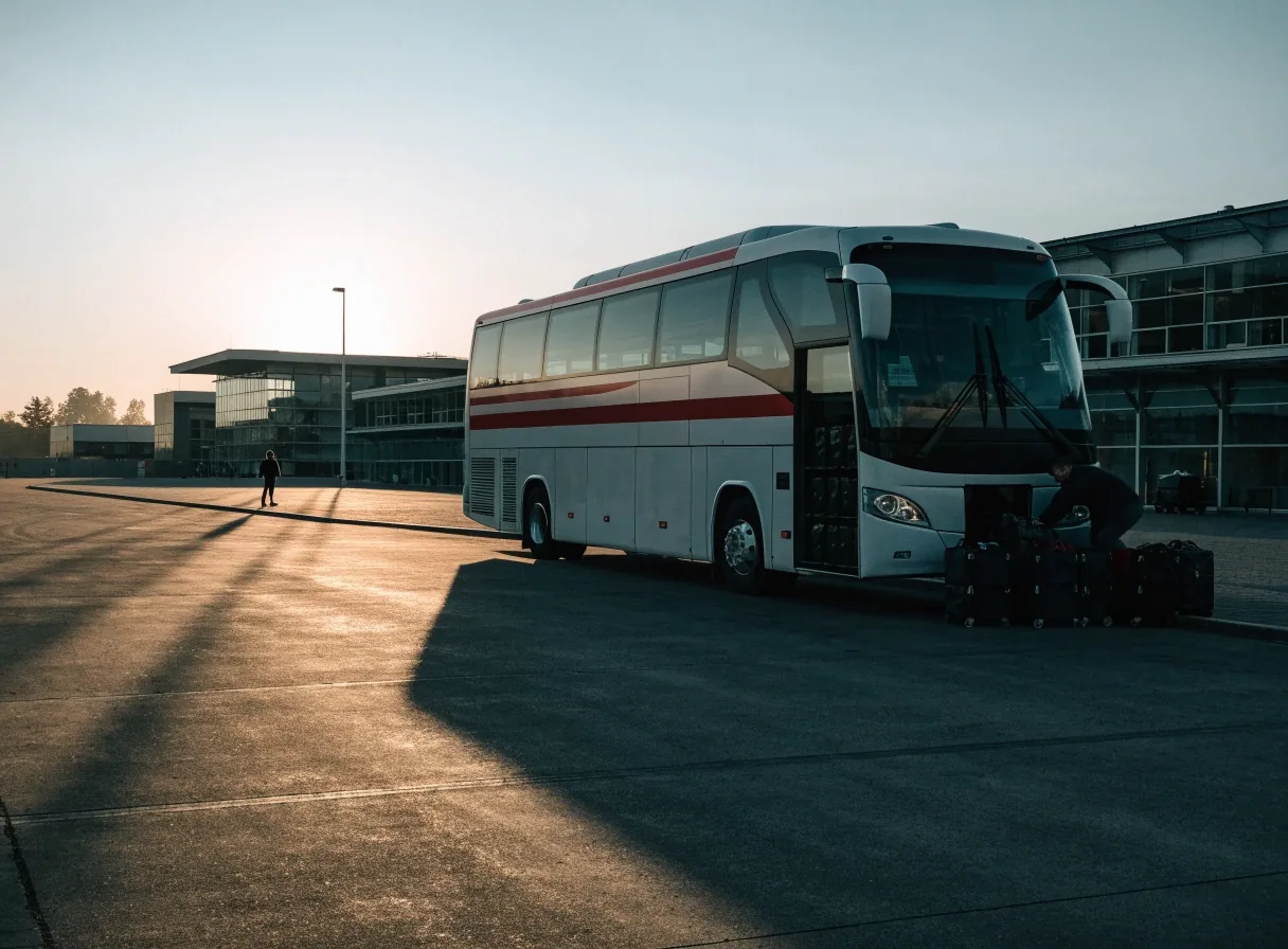 Cross-border coach on a Czech terminal apron with morning light and long shadows across the tarmac