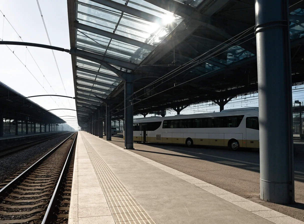 Eye-level Czech station platform with a coach apron beyond the rail side and cool daylight through the canopy