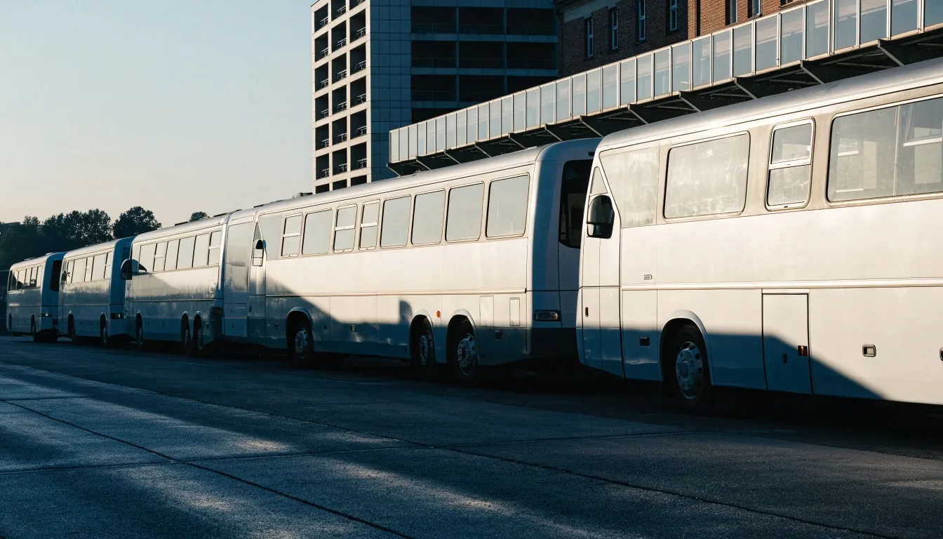 Eye-level coach terminal apron in early cold light, unbranded coaches under long shadows