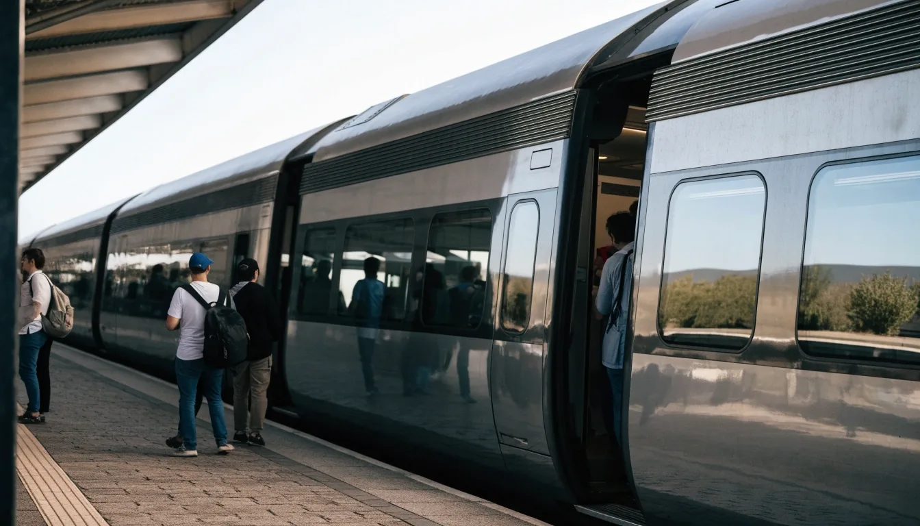 Eye-level platform edge between a rail track and a coach apron in mid-tone daylight