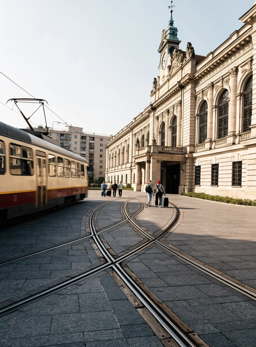 Eye-level view of a Brno railway station forecourt with tram lines curving across the paved square in even daylight