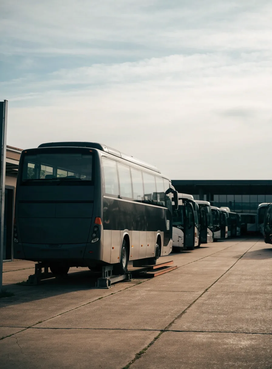 Intercity coach on a numbered stand at a Czech bus terminal apron in cool overcast morning light