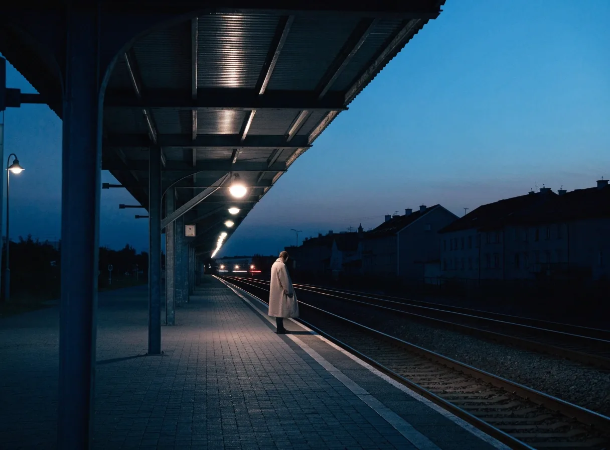 Traveller on a Czech platform edge at dusk watching an approaching train under platform lighting