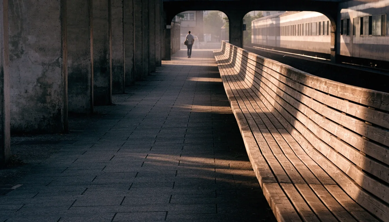 Quiet railway station corridor with a bench and a distant traveller walking away in low afternoon light