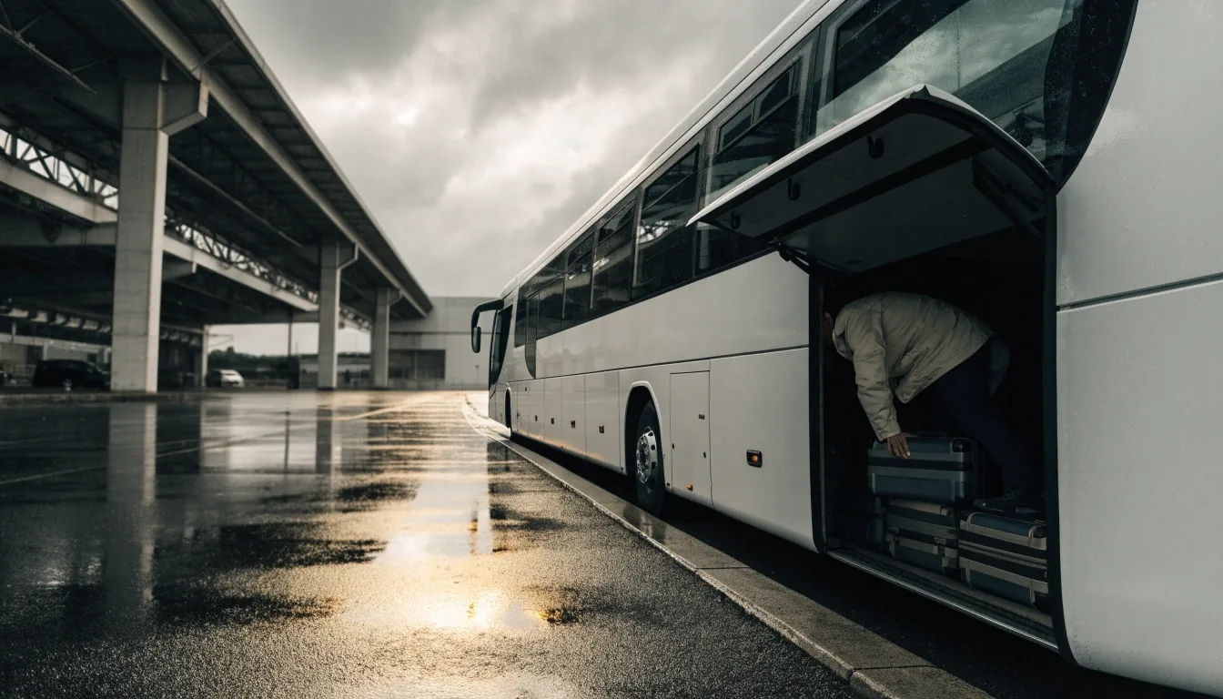 Unbranded intercity coach parked at a regional bus terminal bay on wet tarmac under an overcast sky