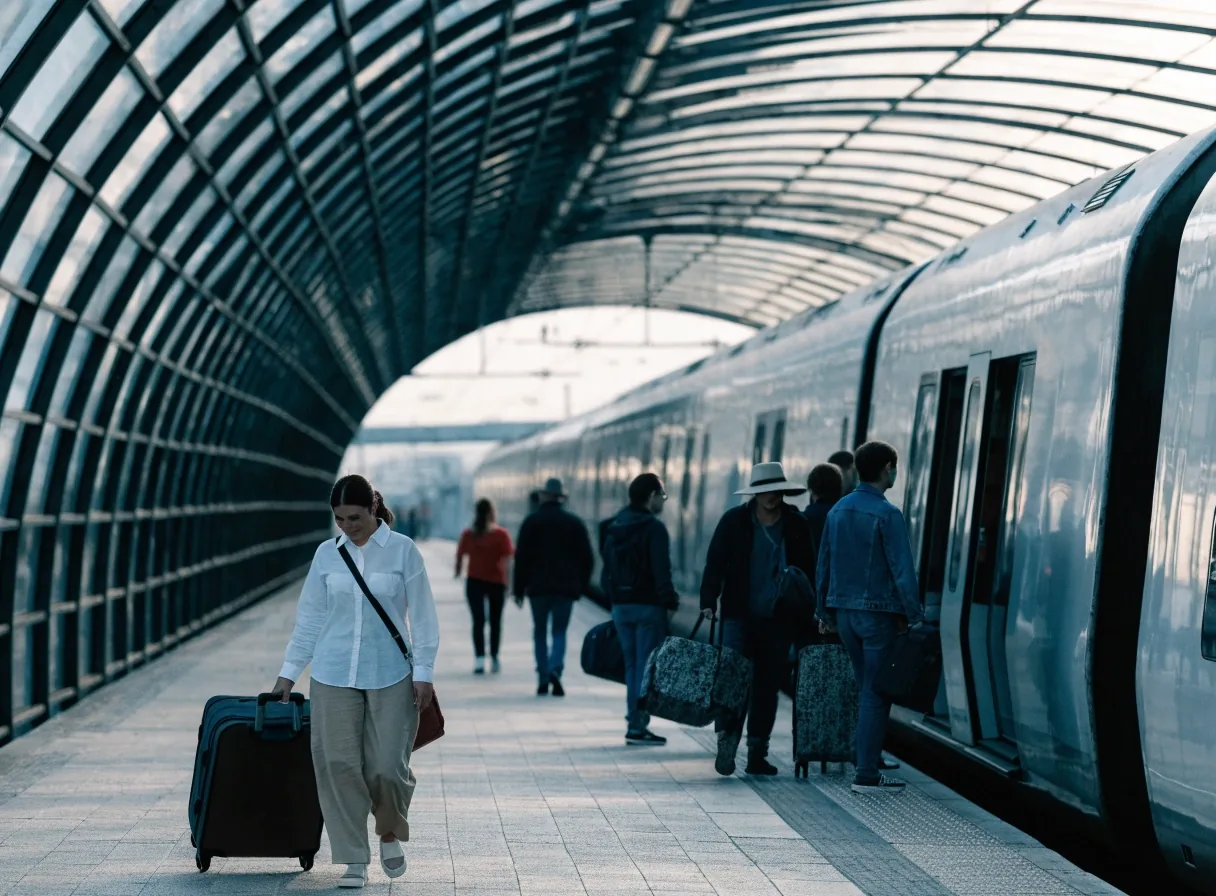 Eye-level Czech station concourse with glass canopy glare across a slab floor and a train at the platform edge in cool daylight
